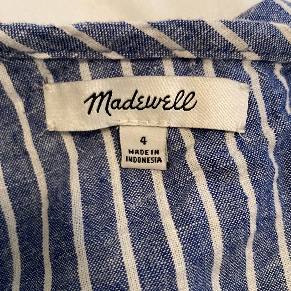 Madewell One Shoulder Ruffle Blue Striped Linen/Cotton Blend Top Size 4 - Picture 7 of 9
